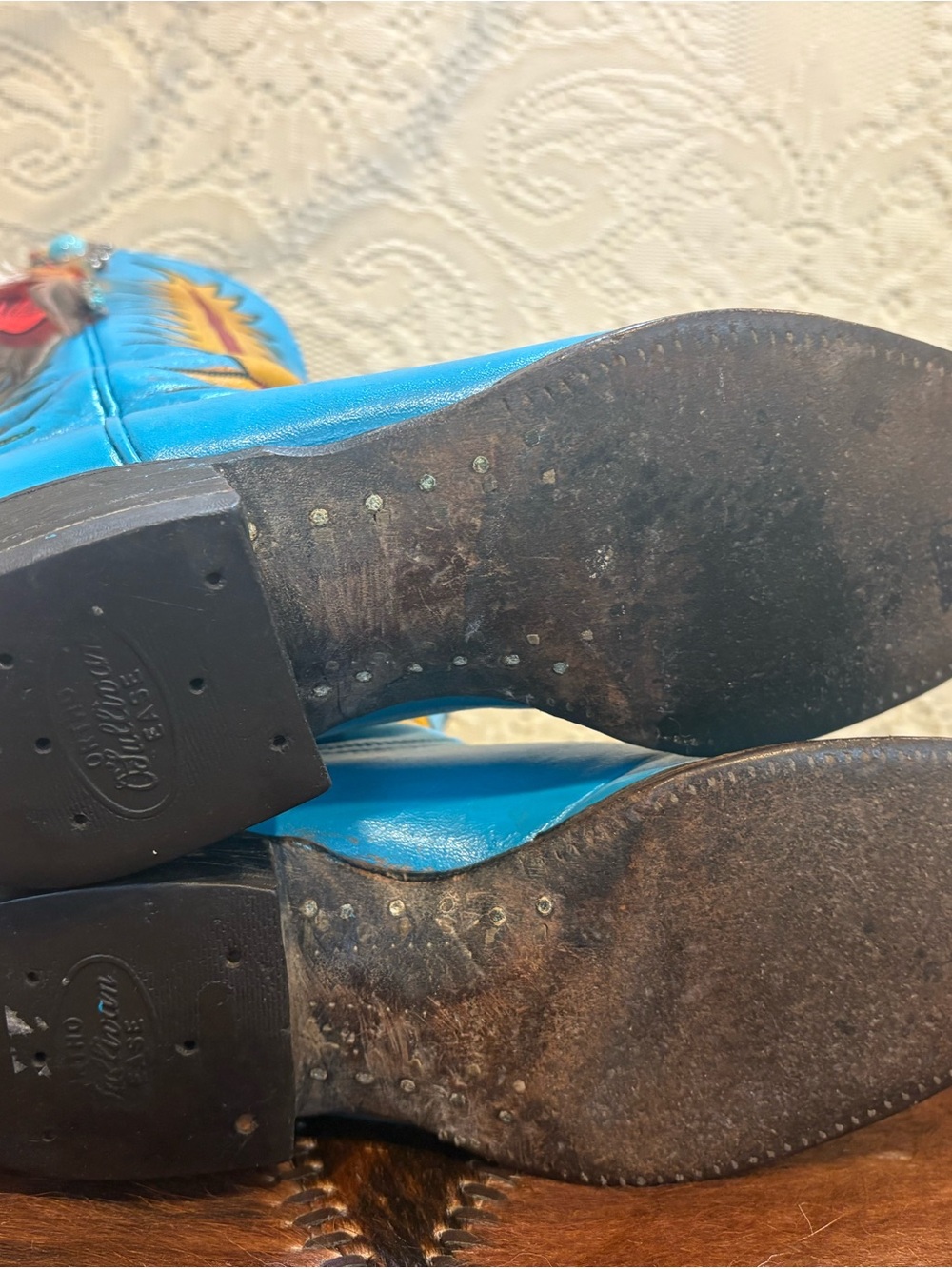 Hand Painted TonyLama Turquoise and Yellow Western Feathered Cowboy Boots size 8 - Picture 8 of 16